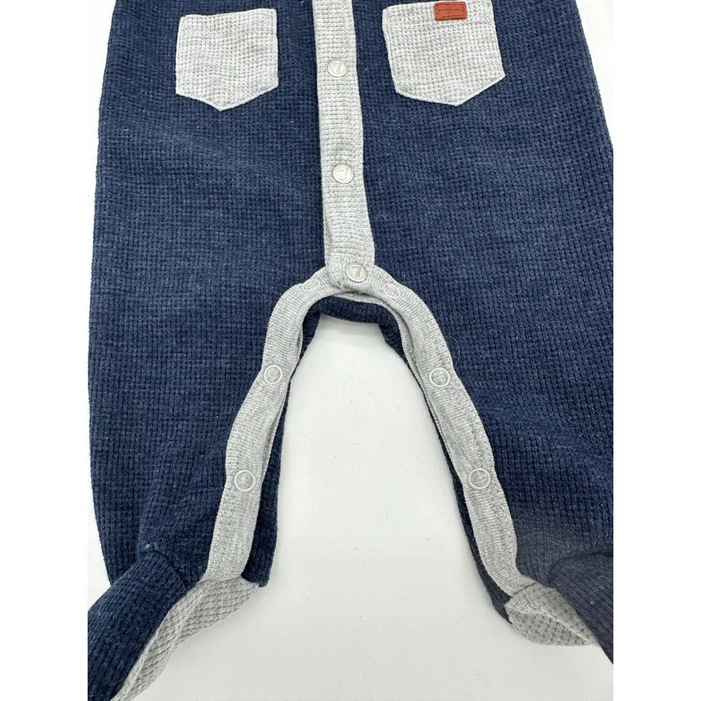 7 For All Mankind Footed Romper‎ Baby Boy Thermal Waffle Knit Navy Grey 0/3M